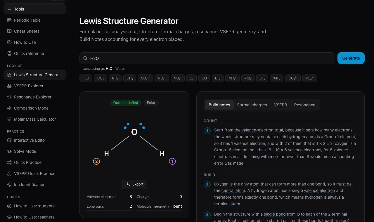 The generator's result for water: structure, formal charges and the tabs beside it.