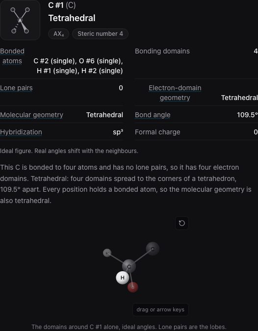 Glucose on the VSEPR tab: choose an atom and its row is marked on the chart.