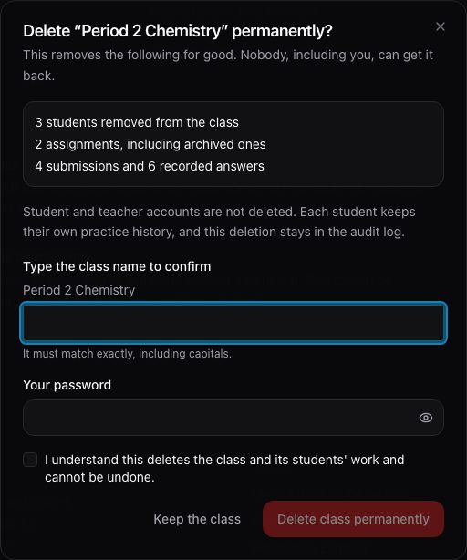 The delete confirmation: the name, your password and a tick box.