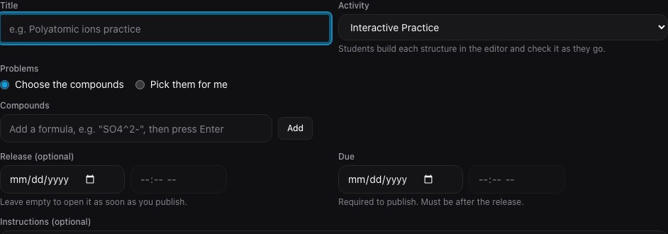 The top of the builder: title, activity, problems and compounds.